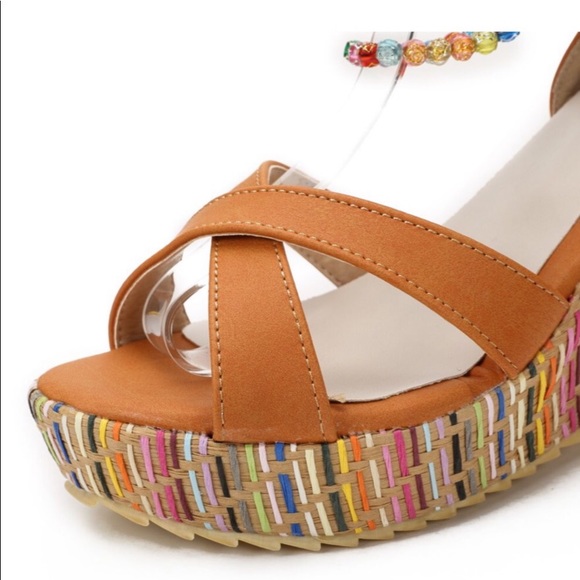 Boho Chic Platform Ankle Strap Orange Sandals 7M - Picture 3 of 7